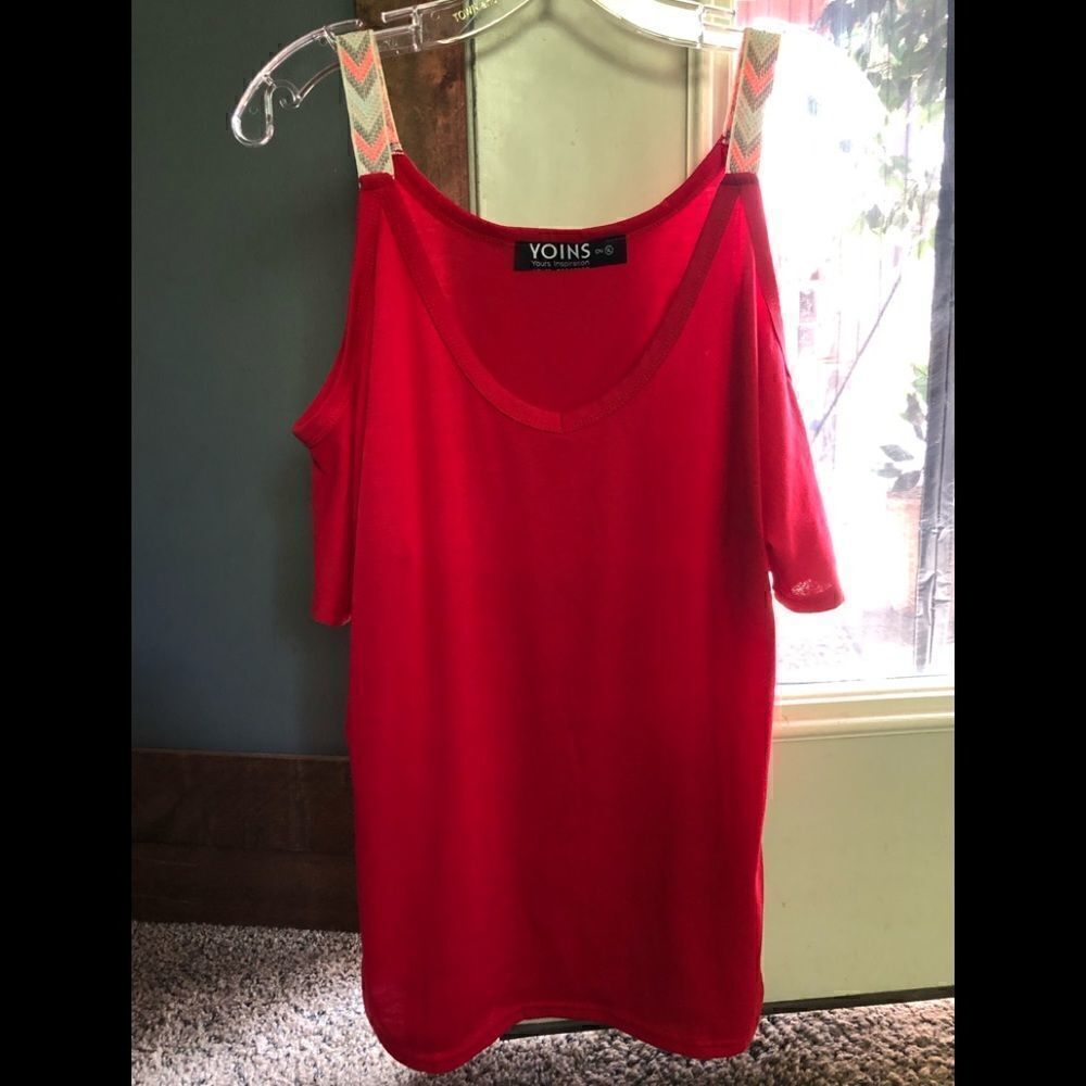 41-Cold shoulder red wide strap soft shorts sleeve top says XL fits like lg